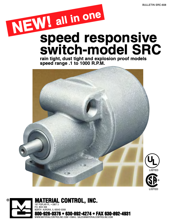Speed responsive switch-model SRC poster reads: rain tight, dust tight and explosion proof models; speed range .1 to 1000 R.P.M.