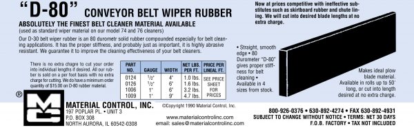 D-80 Conveyor Belt Wiper Rubber Specs
