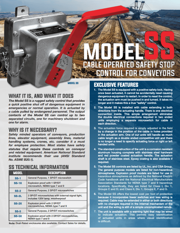 Model SS — Safety Stop Control Poster with details